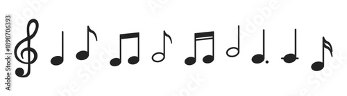 Musical note symbols with treble clef, simple classic music notation vector illustration on transparent background