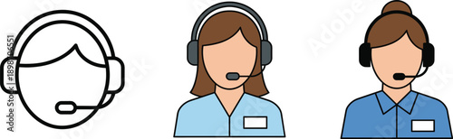 Customer support headset icons showing call center agents, help desk service, online assistance, communication, technical support, and professional customer care illustration set