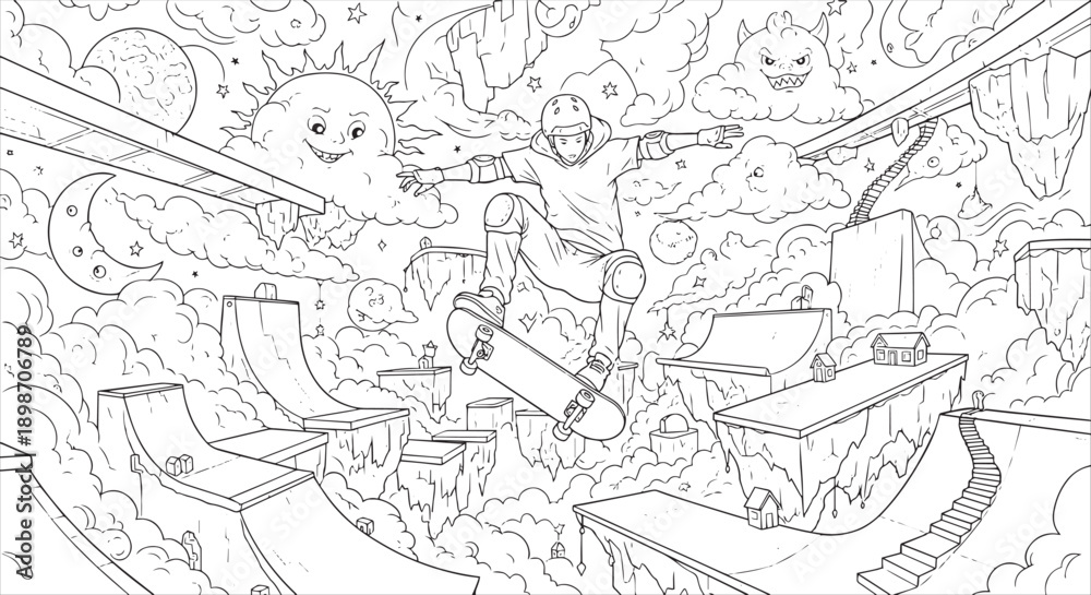 Obraz premium Surreal Skateboarder Floating in a Whimsical Dreamscape Coloring Page
