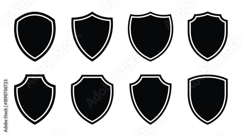Eight stylized black shields arranged in two horizontal rows of four each isolated on white background, Vector, illustration