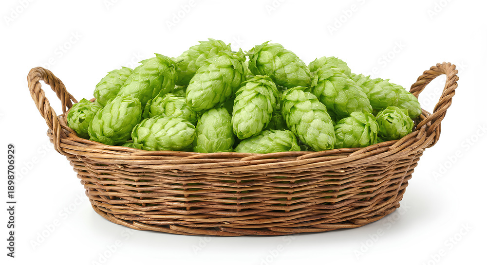 Obraz premium Fresh Green Hop Cones in Wicker Basket Isolated on White Background, Humulus Lupulus Beer Brewing Ingredient for Craft Brewery, Aroma and Bittering Hops Harvest Close Up