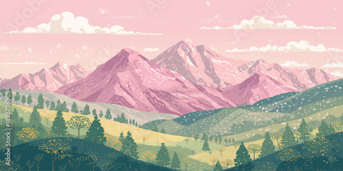 A panoramic winter mountain landscape features snow-capped Alps peaks and a high forest valley under a sunset sky with clouds