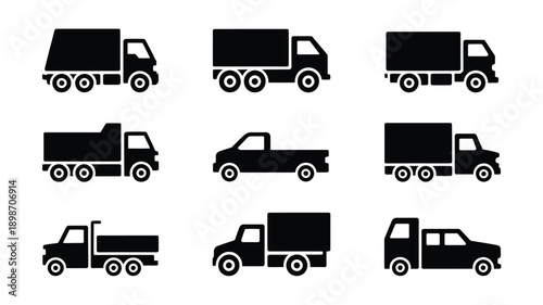 Collection of diverse black and white line-art trucks in various styles isolated on white background, Vector, illustration