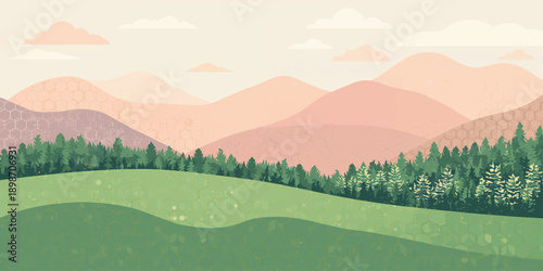 A vibrant summer vector illustration of a green mountain landscape featuring rolling hills and a grassy meadow under a blue sky with white clouds