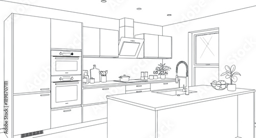 Black and white line art drawing of a modern residential kitchen interior featuring built in ovens a central island and various domestic cooking elements ready for coloring