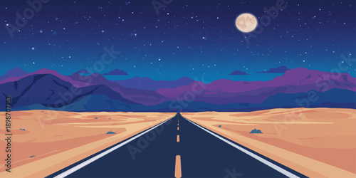 A long straight asphalt highway cuts through the empty desert landscape toward the moon under a sunset sky, creating a lonely nature journey along an endless road to the horizon