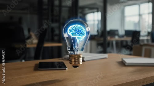 A glowing brain within a lightbulb hovers above a wooden desk. Office in background