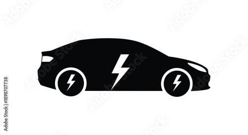 A sleek modern electric vehicle is shown in profile view with lightning bolts emphasizing its power source a silhouette high quality