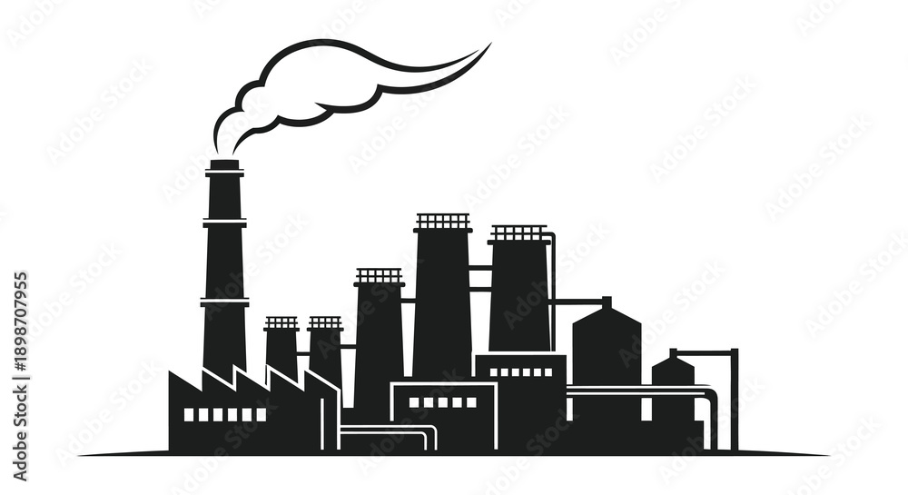 Fototapeta premium An illustration depicts a dark factory complex with multiple smokestacks releasing plumes of smoke presented as a silhouette high quality