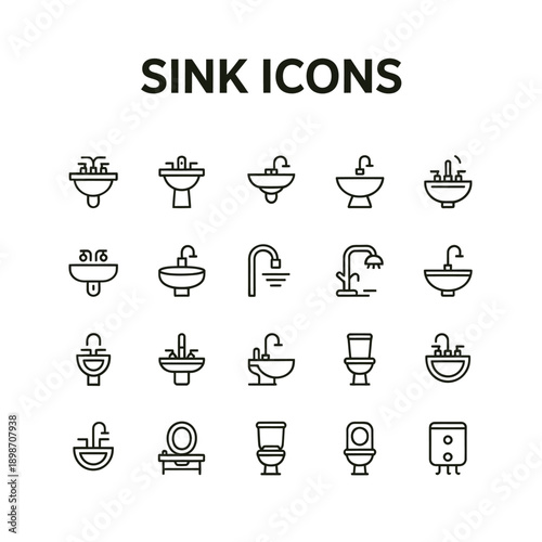 Collection of minimalist sink and toilet icons in black and white