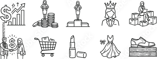 Women leadership and success line icon set illustrating female empowerment wealth achievement career growth business fashion entrepreneurship confidence luxury lifestyle
