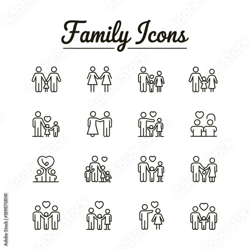 Collection of diverse family icons in simple linear style illustrations