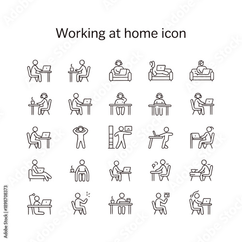 Collection of line icons depicting people working remotely from home