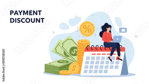 Woman sits on a large calendar and uses her laptop to manage finances and payments while surrounded by stacks of money and coins.