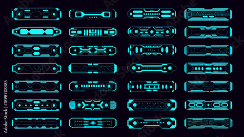 Futuristic cyan interface elements arranged in a grid pattern