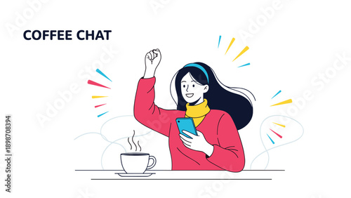 Happy young woman enjoys a coffee chat while looking at her smartphone and cheering during a pleasant morning break at a desk.