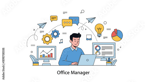 Efficient office manager working on his laptop while surrounded by floating icons of data graphs, lightbulbs, gears, and paper airplanes.
