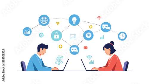 Professional man and woman working on laptops connected by a complex network of digital icons representing cloud computing and data.