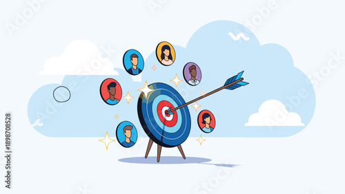 Bullseye target hit by an arrow with floating user profile icons representing target audience, customer reach, and market segmentation.