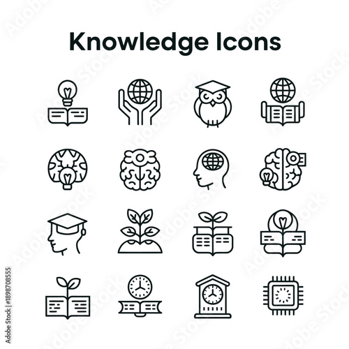Collection of line art icons representing knowledge learning and intelligence