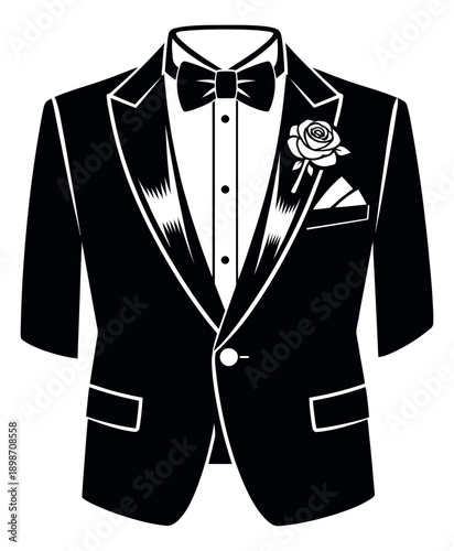Line art illustration of a tuxedo depicting a sophisticated formal outfit for weddings and special events