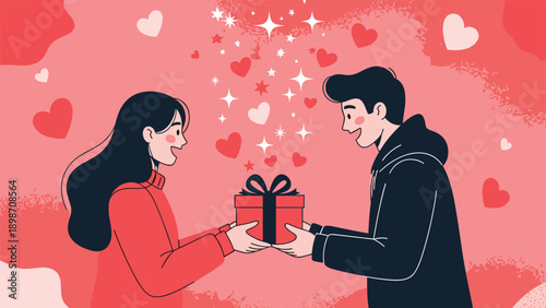 Romantic young couple smiling while exchanging a red gift box wrapped with a black ribbon against a pink background filled with hearts.