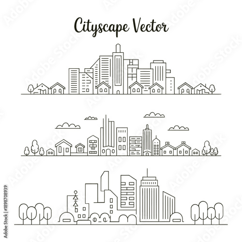 Minimalist cityscape vector illustration with buildings trees and clouds
