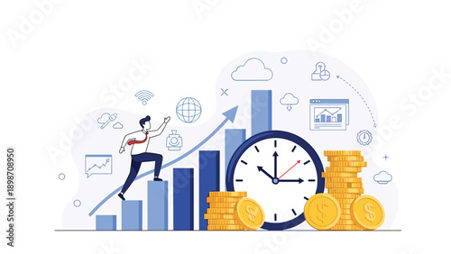 Motivated businessman running up a rising bar chart next to a large clock and piles of gold coins for time management.