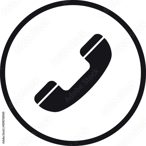 A simple black silhouette of a classic telephone handset within a circular frame