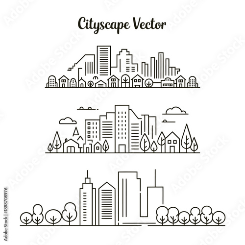 Minimalist city skyline vector illustration with trees and buildings