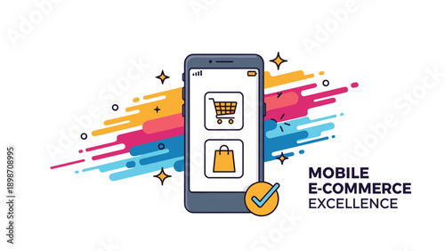 Smartphone displaying shopping cart and bag icons on a vibrant colorful background for mobile e-commerce excellence.