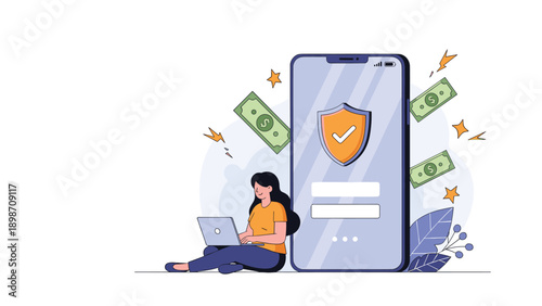 Woman sitting with her laptop next to a large smartphone with a protective shield for secure online data and banking.