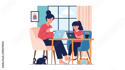 Mother working from home on a laptop while her daughter studies alongside her at a table in a cozy domestic setting.