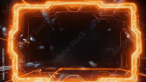 A glowing orange rectangular frame with circuit design is featured. Dark background with glowing particles