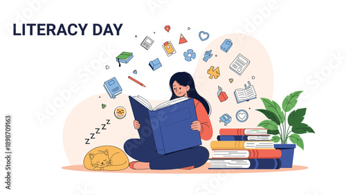 Young girl sitting on the floor reading a large book with various educational icons for international literacy day.