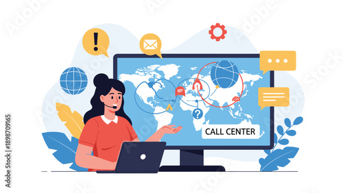 Professional call center agent with a headset providing global customer support on a large computer screen.