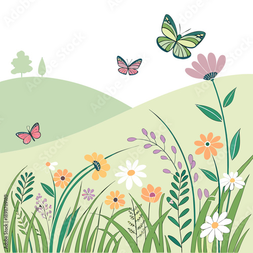 Vibrant Spring Meadow Alive with Flowers and Butterflies