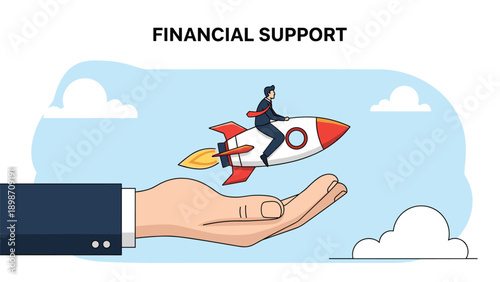 Small businessman riding a rocket being launched by a giant hand representing financial support and startup funding.