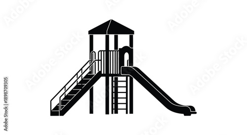 A black and white illustration depicts a playground structure with a slide stairs and tower presented as a silhouette