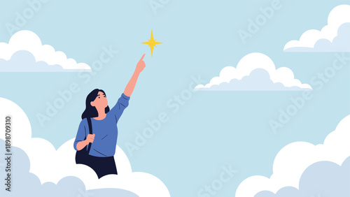 Ambitious woman standing in the clouds pointing up at a bright yellow star representing big dreams and goals.