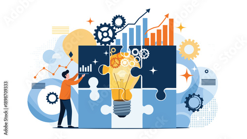 Creative professional putting together puzzle pieces to form a lightbulb over business growth charts for innovative solutions.