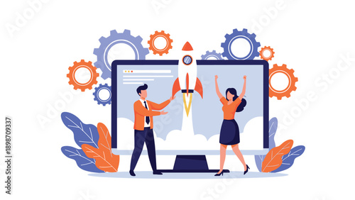 Man and woman celebrating a successful rocket launch from a computer screen representing a high-growth business startup.