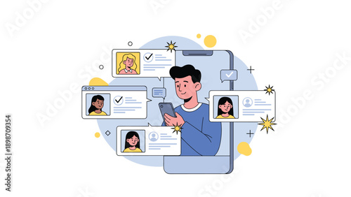 Young man explores various user profiles on his smartphone screen while searching for potential candidates or social connections.