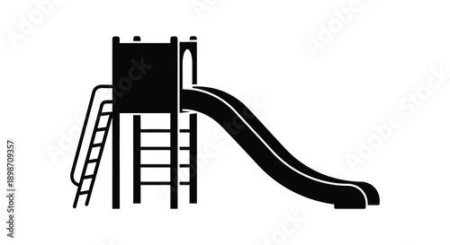 A simple black illustration depicts a playground slide with a ladder creating a stark visual silhouette high quality professional detailed