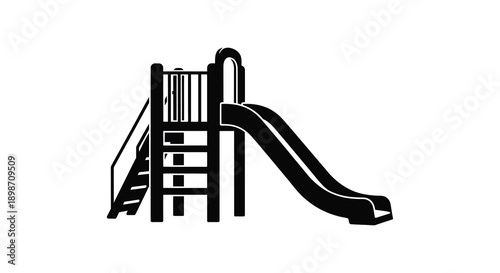 A stark black silhouette of a playground structure featuring a slide and climbing tower is prominently displayed silhouette high quality
