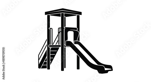 A stark black silhouette of a children s playground structure featuring a slide and climbing tower silhouette high quality professional detailed