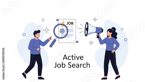 Recruiters use a magnifying glass and megaphone to conduct an active job search and find the perfect candidate for a new position.