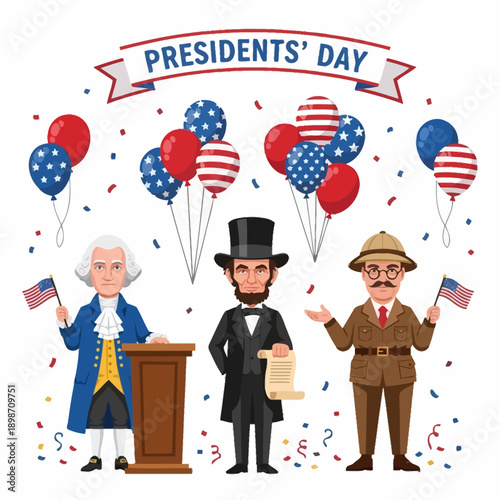 Presidents Day Celebration: Washington, Lincoln, and Teddy Roosevelt with US Flags & Balloons
