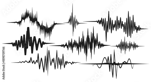 A collection of abstract sound wave forms are displayed in stark black against a white background creating a striking silhouette