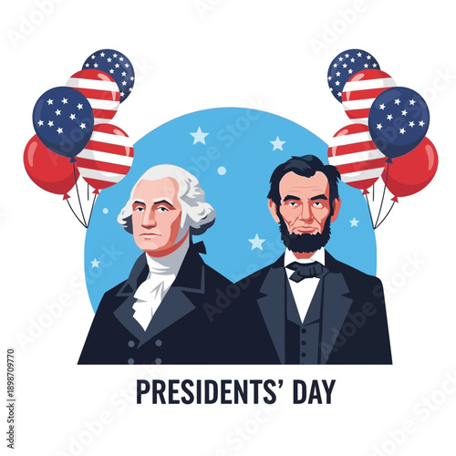 Presidents' Day: George Washington and Abraham Lincoln with US Flag Balloons